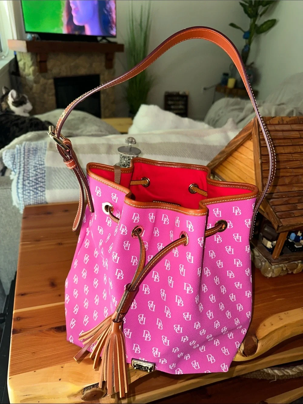 Dooney & Bourke Hot Pink Logo Drawstring Hobo with Tan Trim
